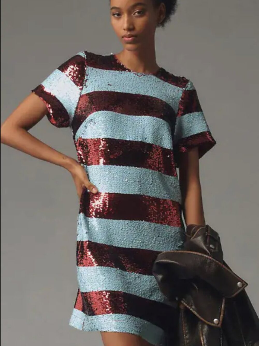 Maeve Short-Sleeve Sequin Striped Mini Dress XSP
